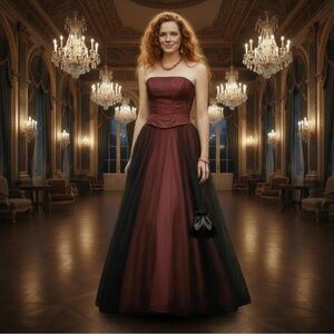 Elegant Strapless Burgundy/Coral and Black Evening Gown Ball Weddind ALine Dress